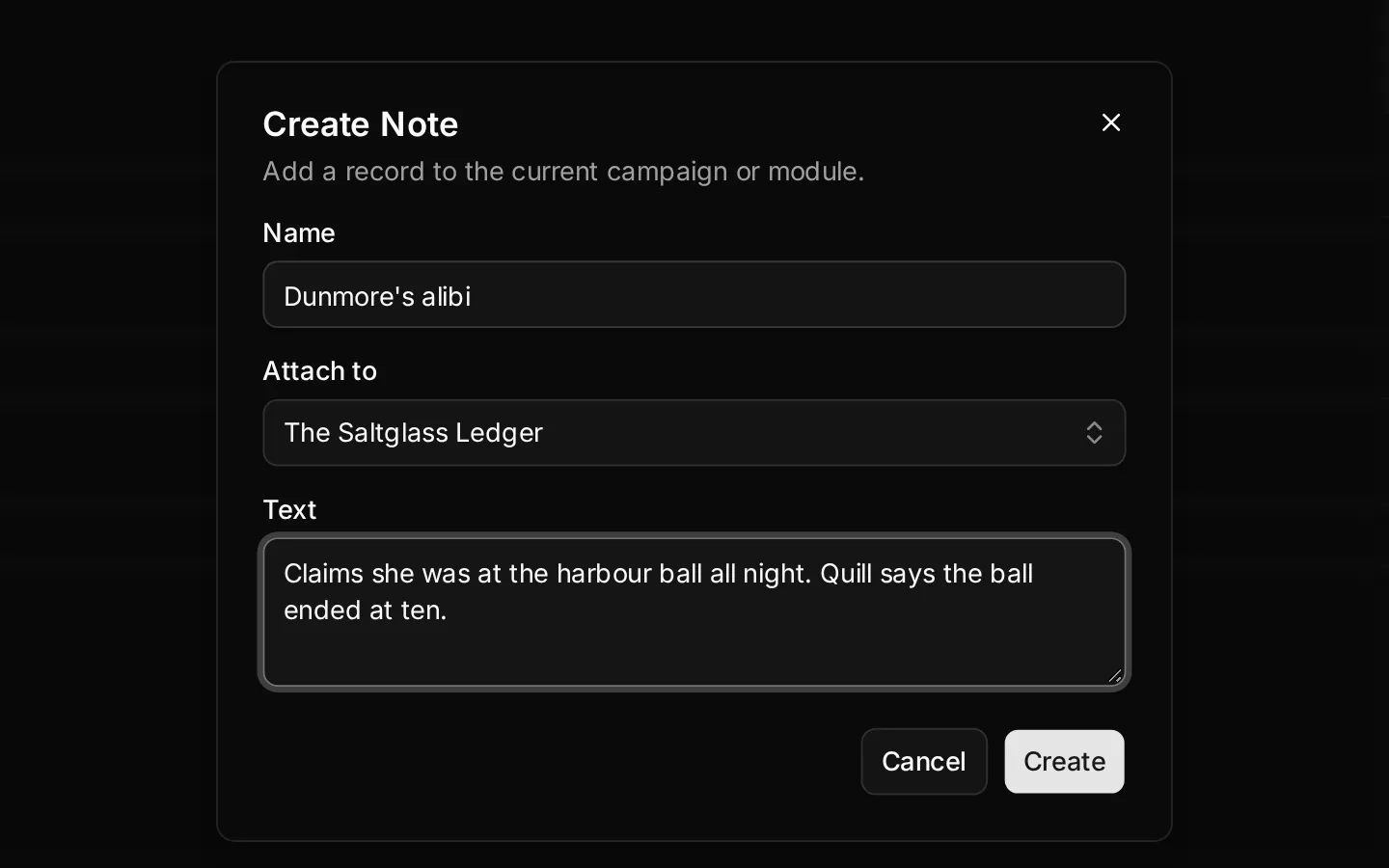 Ctrl+G captures a note from the keyboard alone and files it under the open module.