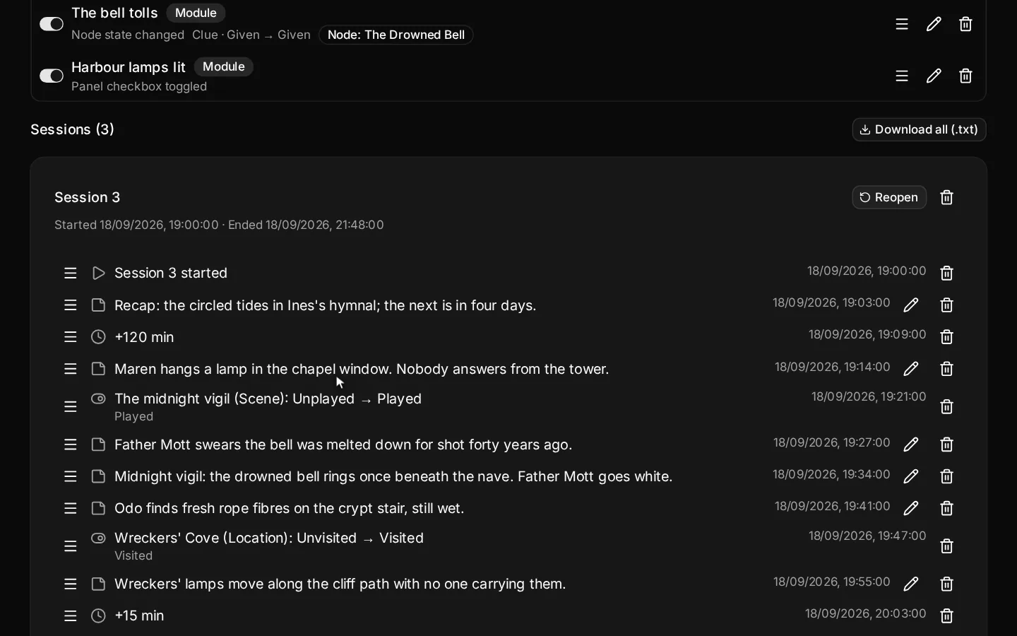 The Drowned Bell's sessions, and one session's log read in order: notes, state changes and in-game time.