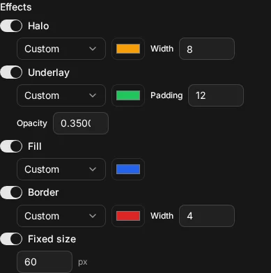 A rule's Effects section with all five effects switched on: a halo, an underlay, a fill, a border and a fixed size, each with its colour and numbers