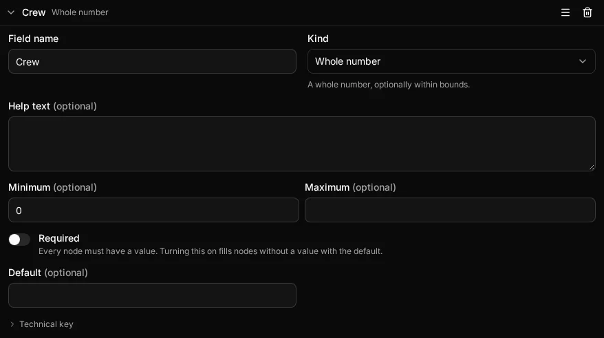 The Ship type's Crew field open in the type builder: a Whole number field with its minimum and maximum, Required switch and default