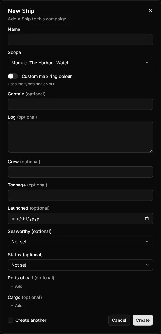 The New Ship dialog: the name, the scope, the map ring colour and every Ship field, with Create another