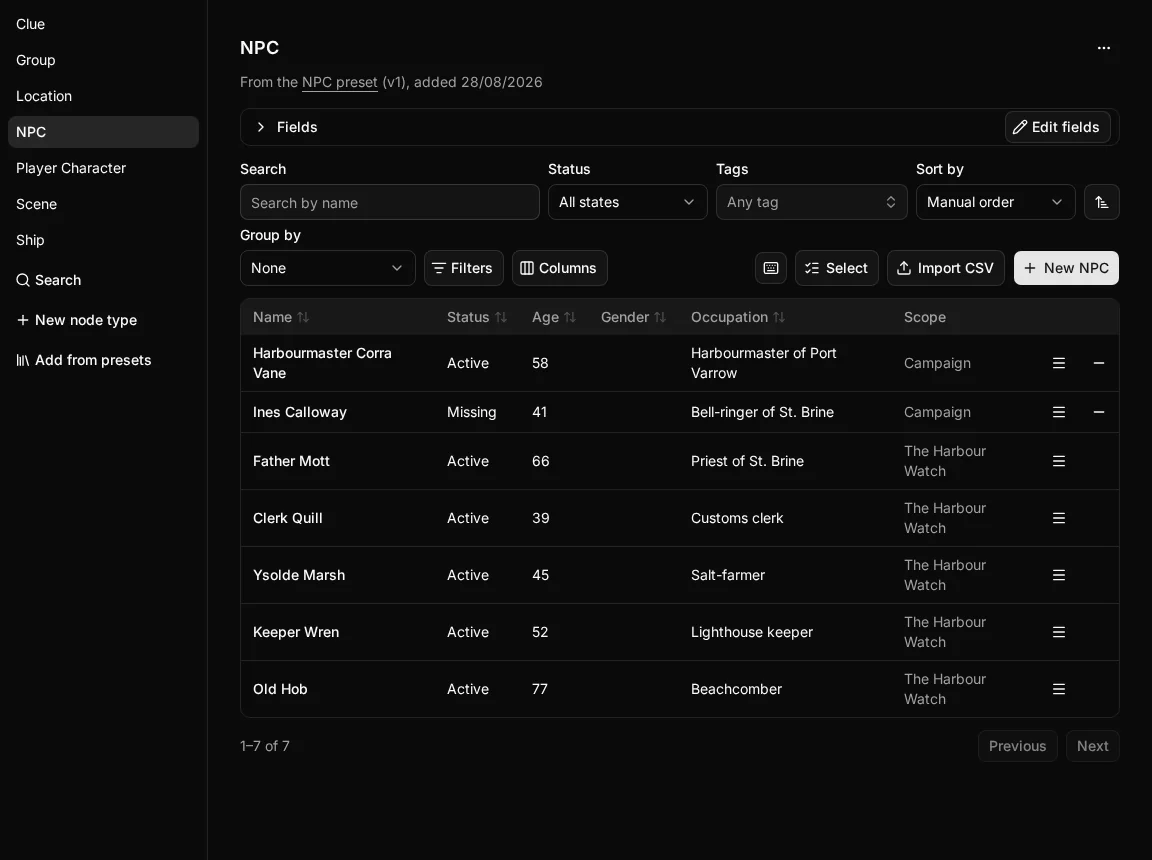 The Entities tab with the NPC node type open: the node types down the side, the NPC type's fields, and its table of NPCs