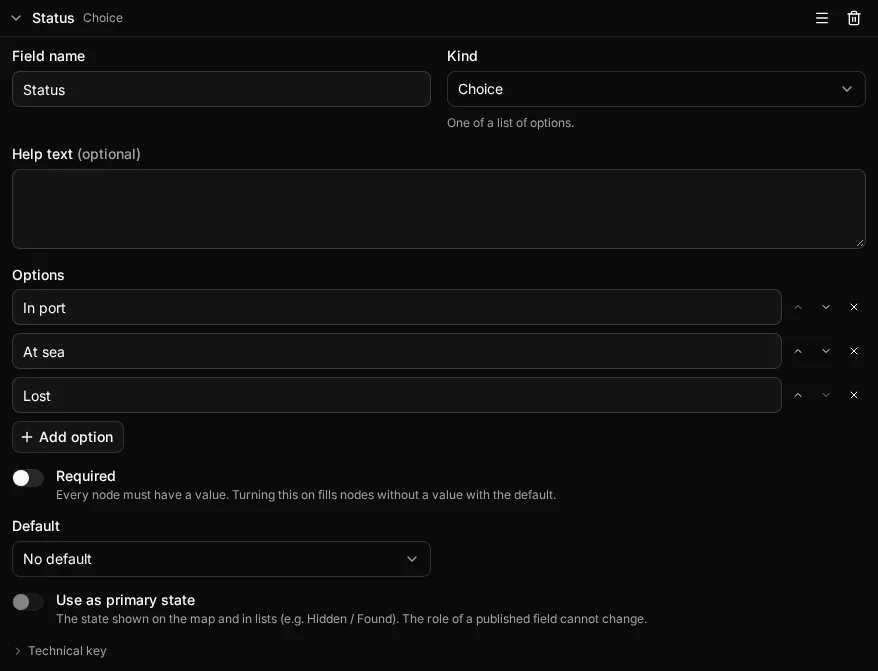 The Ship type's Status field open in the type builder: a Choice field with its options, default and the Use as primary state switch