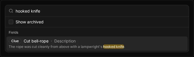 The Ctrl+F search palette with 'hooked knife' typed in, listing the Cut bell-rope clue because its description mentions a hooked knife, though its name does not