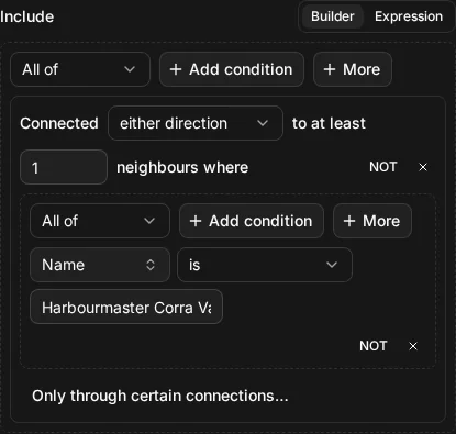 The builder view of Include connected_to(node.name = "Harbourmaster Corra Vane")