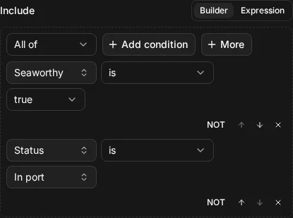 The builder view of Include ship.seaworthy = true AND ship.status = "in_port"