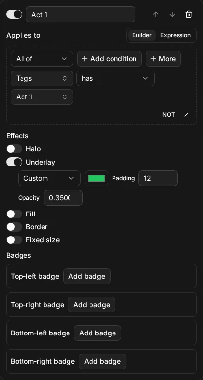 The rule editor with the rule Act 1