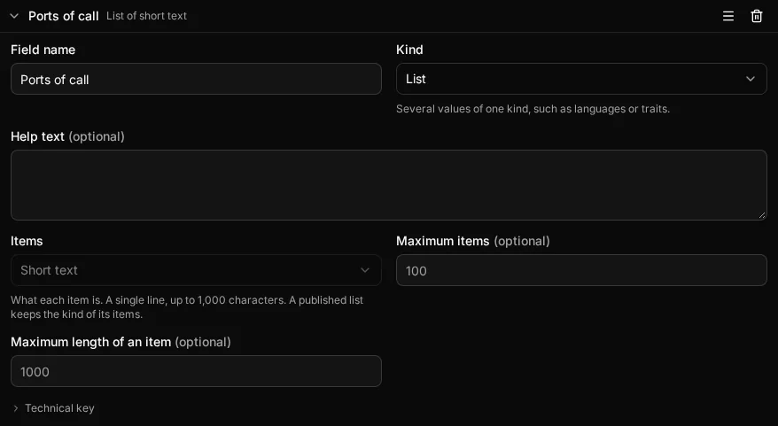 The Ship type's Ports of call field open in the type builder: a List of short text with its item kind, maximum items and maximum length of an item