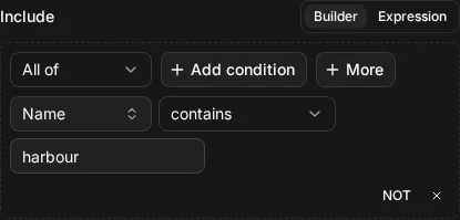 The builder view of Include node.name CONTAINS "harbour"