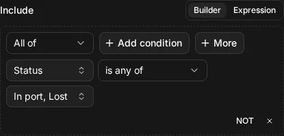 The builder view of Include ship.status IN ["in_port", "lost"]