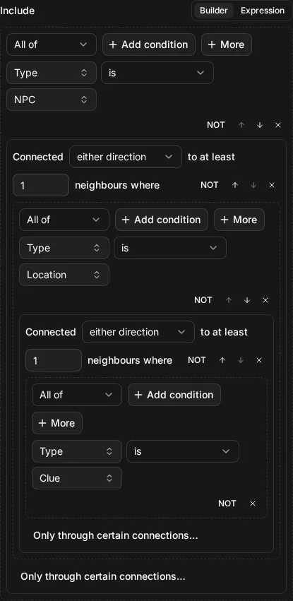 The builder view of Include node.type = "npc" AND connected_to(node.type = "location" AND connected_to(node.type = "clue"))