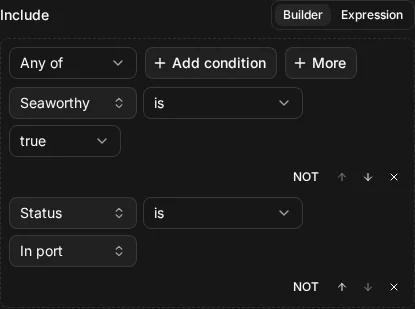The builder view of Include ship.seaworthy = true OR ship.status = "in_port"