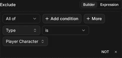 The builder view of Exclude node.type = "player_character"
