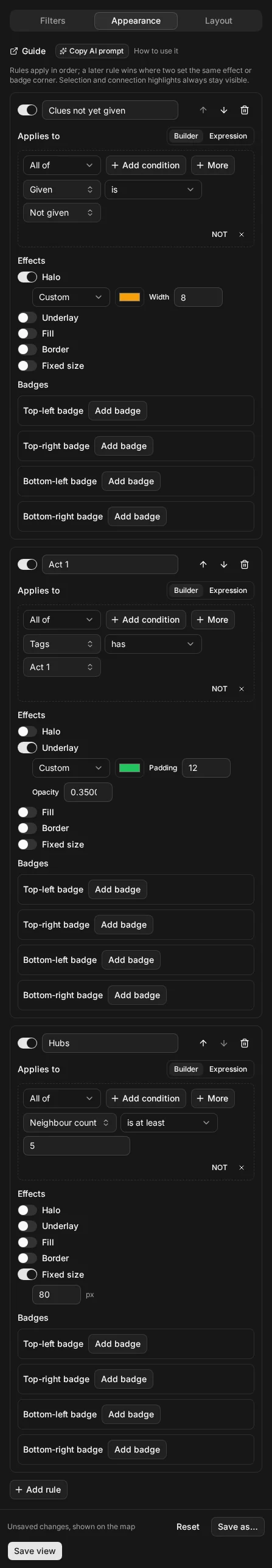 The Configure view sheet open on its Appearance tab, with three rules in order: a halo on clues not yet given, an underlay on Act 1 and a larger size for hubs