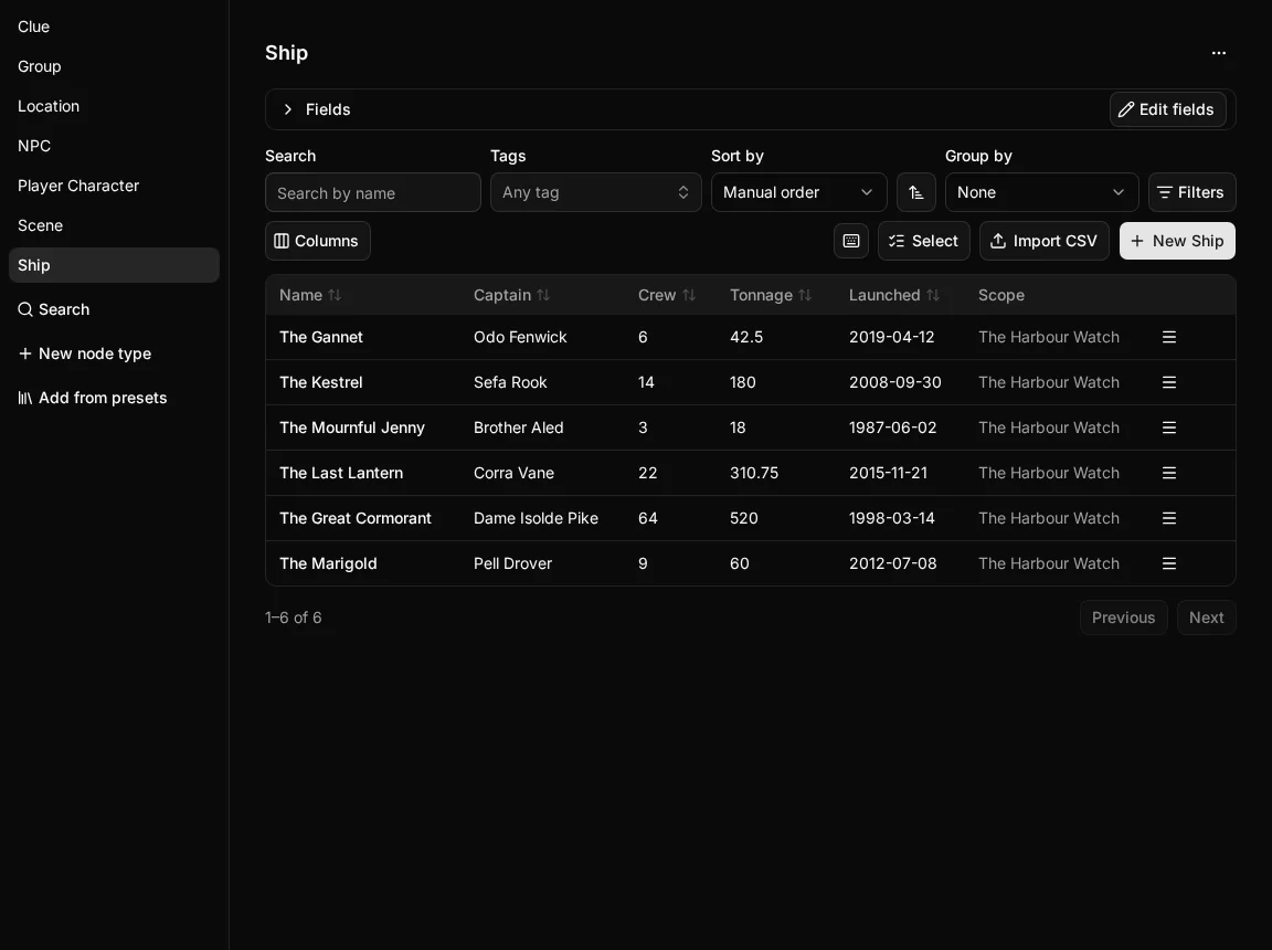 The Entities tab with the Ship node type open, with the New node type and Add from presets buttons beneath the list