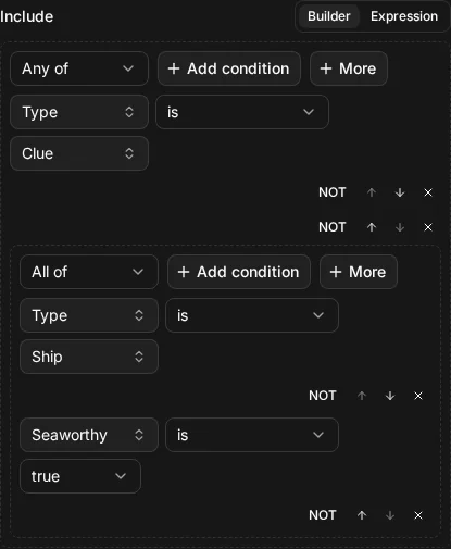 The builder view of Include node.type = "clue" OR node.type = "ship" AND ship.seaworthy = true