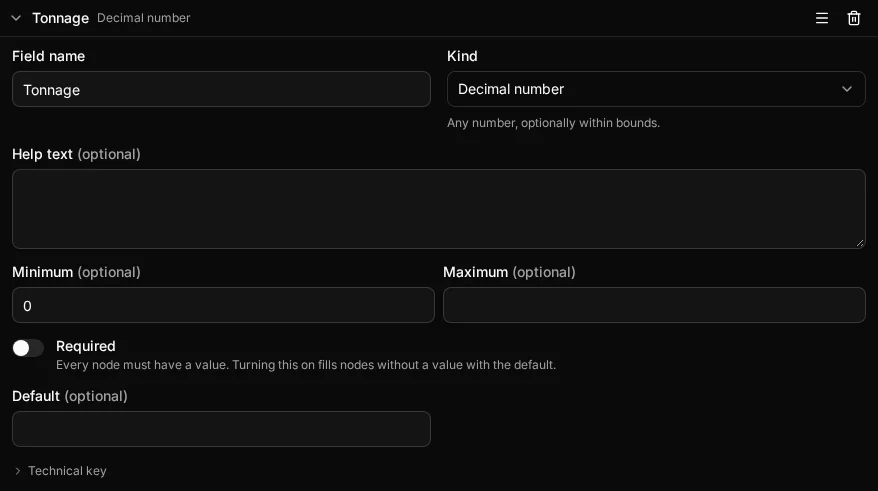 The Ship type's Tonnage field open in the type builder: a Decimal number field with its minimum and maximum