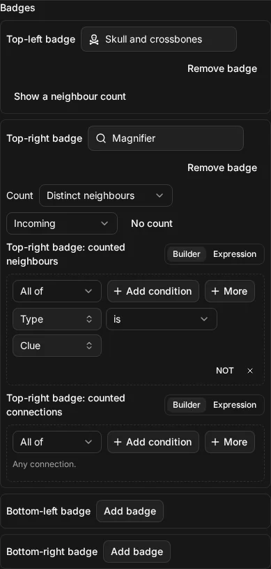 A rule's Badges section: a skull badge on the top-left corner, a magnifier badge with a neighbour count on the top-right, and the two empty corners with Add badge