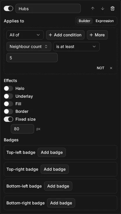 The rule editor with the rule Hubs
