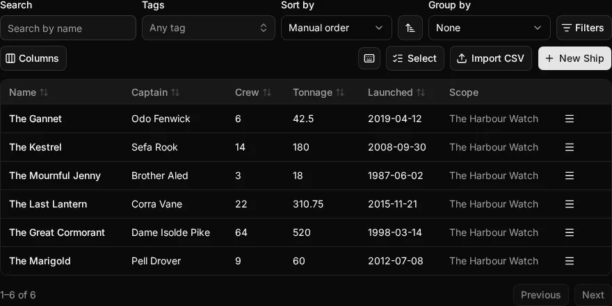 The Ship node table under the Entities tab, with its New Ship button