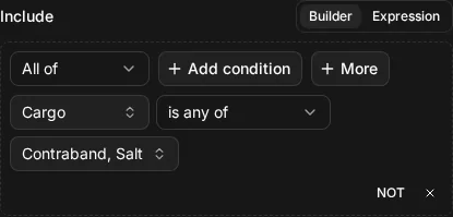 The builder view of Include ship.cargo IN ["contraband", "salt"]