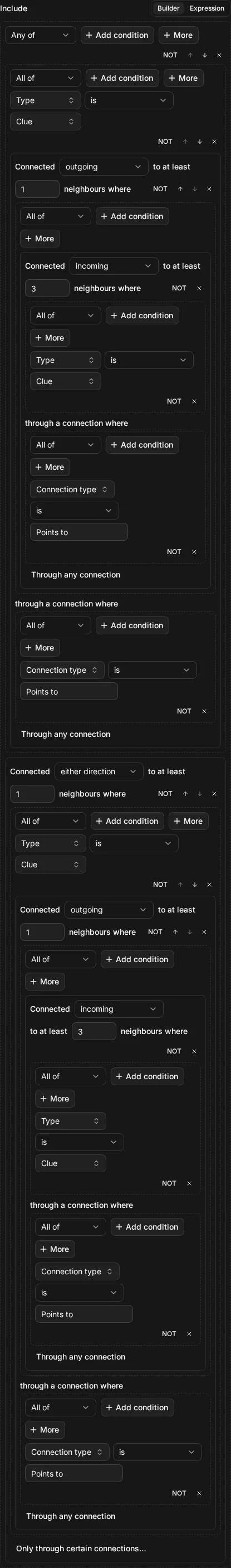 The builder view of Include node.type = "clue" AND connected_to(connected_to(node.type = "clue", via: type = "Points to", direction: "in", at_least: 3), via: type = "Points to", direction: "out") OR connected_to(node.type = "clue" AND connected_to(connected_to(node.type = "clue", via: type = "Points to", direction: "in", at_least: 3), via: type = "Points to", direction: "out"))