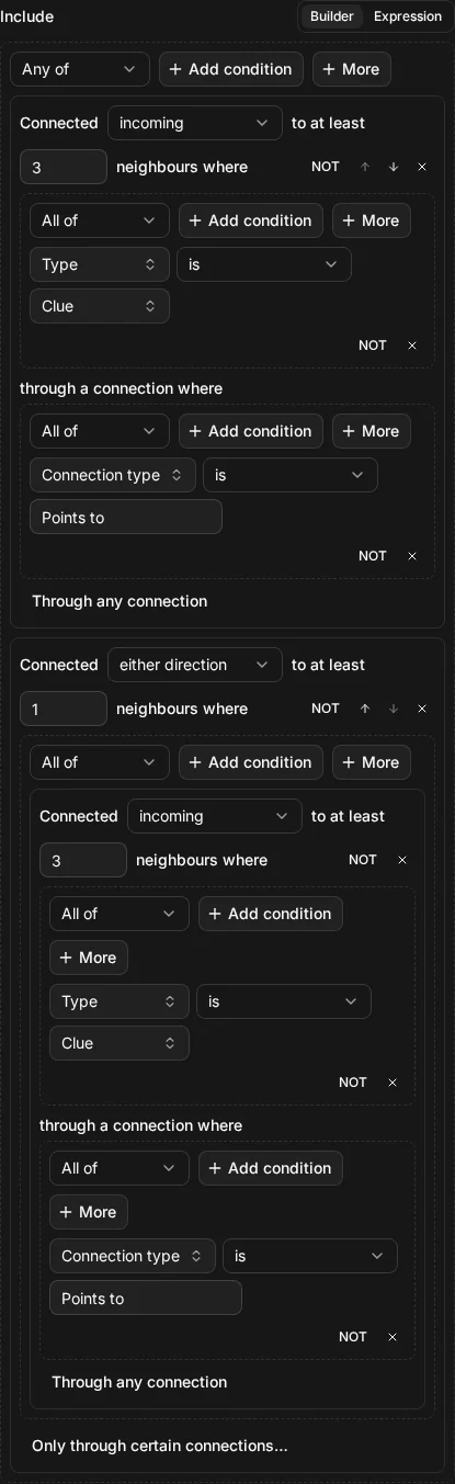 The builder view of Include connected_to(node.type = "clue", via: type = "Points to", direction: "in", at_least: 3) OR connected_to(connected_to(node.type = "clue", via: type = "Points to", direction: "in", at_least: 3))