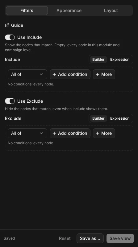 The Configure view sheet open on its Filters tab, with the Include and Exclude filters, each with its switch and editor, and the Save view and Save as… buttons