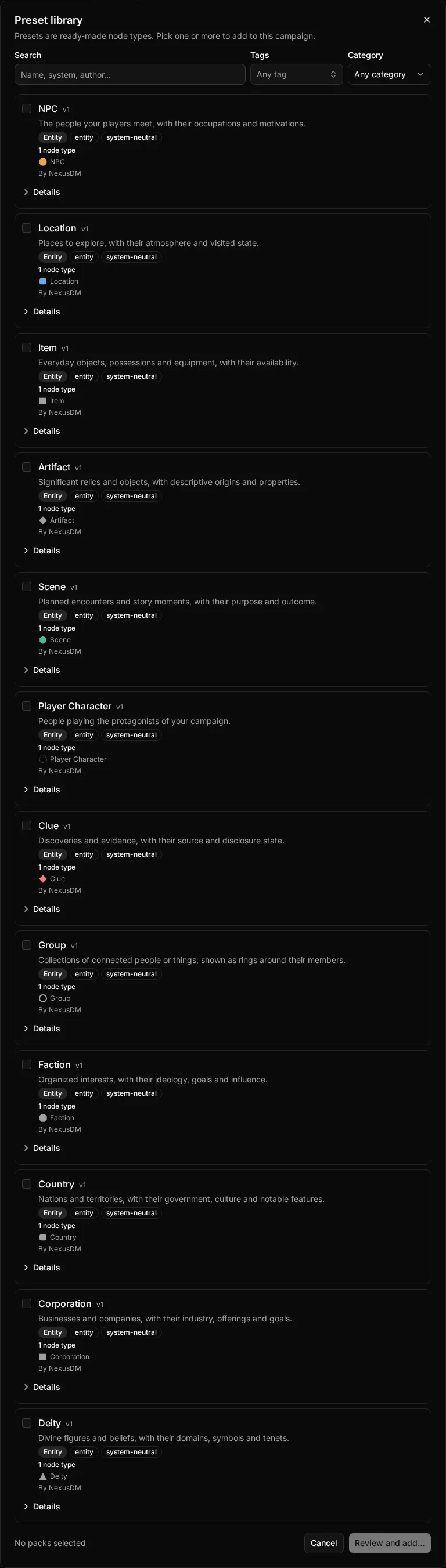 The Preset library dialog: the ready-made node type packs you can select and add to the campaign