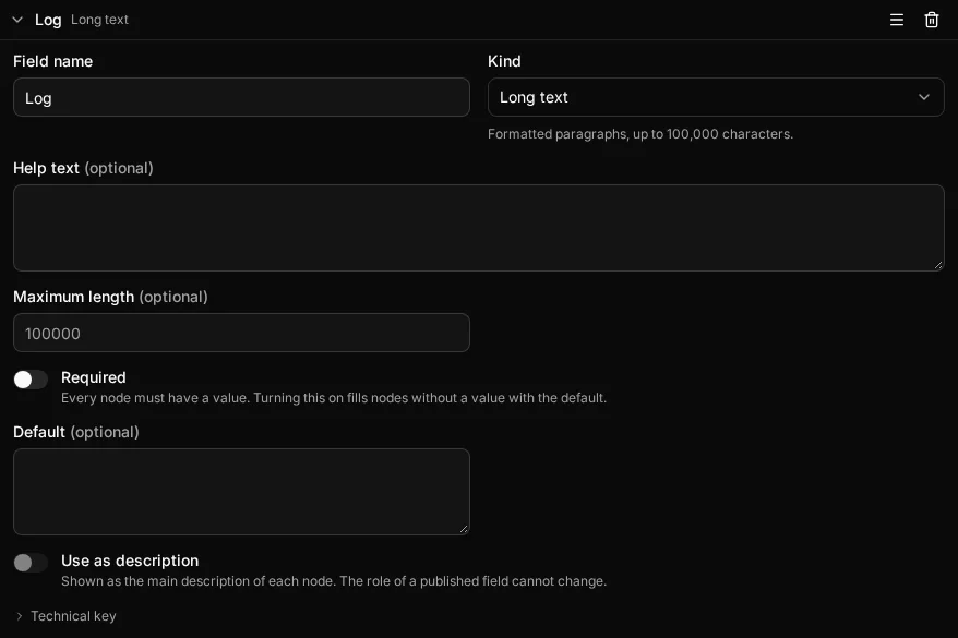 The Ship type's Log field open in the type builder: a Long text field with its help text, maximum length, default and the Use as description switch