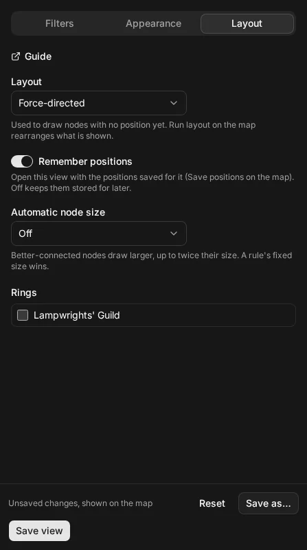 The Layout tab's Rings list with the Lampwrights' Guild unticked