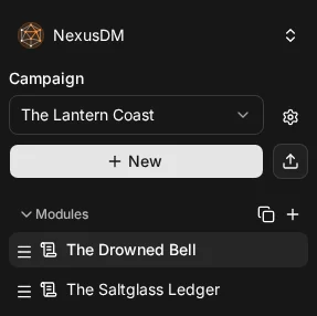 The sidebar: The Lantern Coast chosen in the campaign switcher, the New and Import campaign buttons, and the Modules list with The Drowned Bell open above The Saltglass Ledger