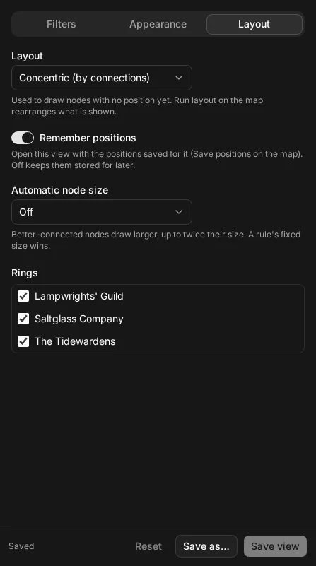 The Configure view sheet open on its Layout tab, with the Concentric layout chosen, Remember positions switched on, automatic node size off, and the map's three rings, each with a checkbox to show it