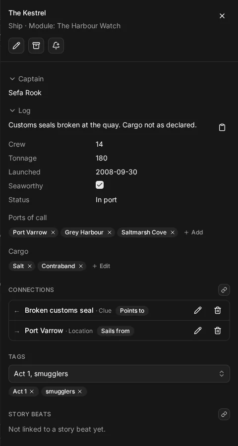 The Kestrel's node sheet, a Ship with a value in every field, each shown as its kind needs: text, number, date, checkbox, state and lists
