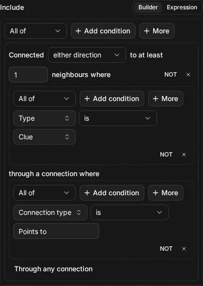 The builder view of Include connected_to(node.type = "clue", via: type = "Points to")