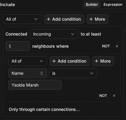 The builder view of Include connected_to(node.name = "Ysolde Marsh", direction: "in")