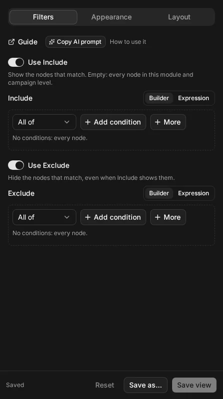 The Configure view sheet's Filters tab, with the Copy AI prompt button and its How to use it link beside the Guide link, above the Include and Exclude filters