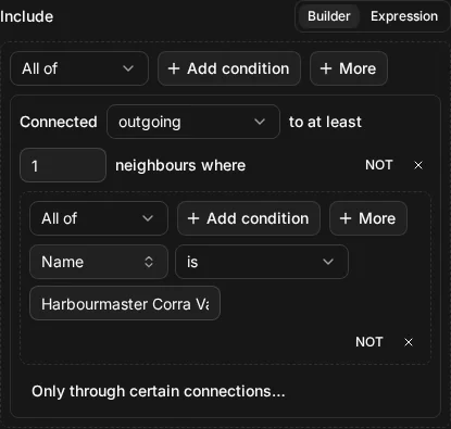 The builder view of Include connected_to(node.name = "Harbourmaster Corra Vane", direction: "out")