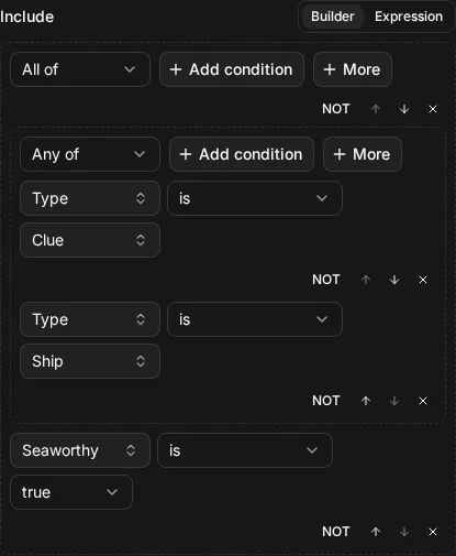 The builder view of Include (node.type = "clue" OR node.type = "ship") AND ship.seaworthy = true