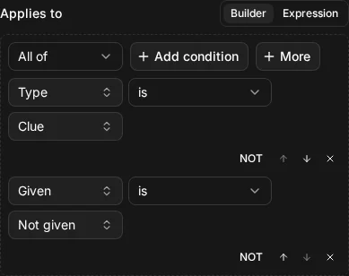 A rule's Applies to selector in the builder: the type is a clue and the clue has not been given