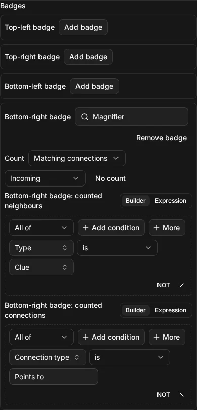 A badge count set up to count the clues that point at a node: matching connections, incoming, with the counted neighbours and counted connections expressions