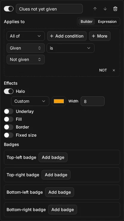 The rule editor with the rule Clues not yet given