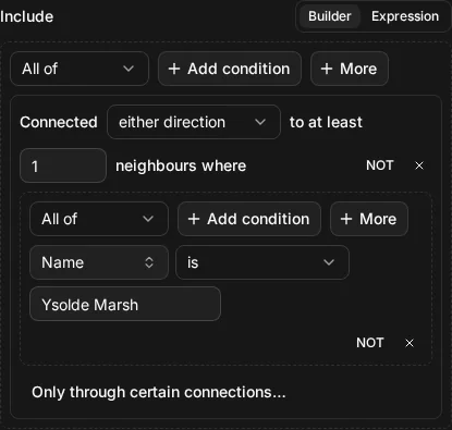 The builder view of Include connected_to(node.name = "Ysolde Marsh")