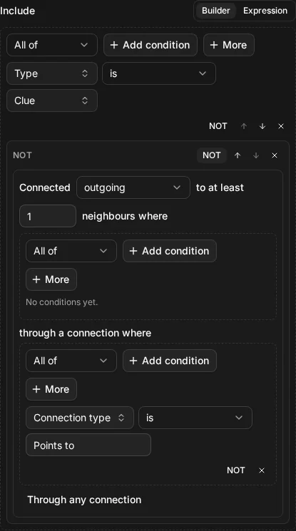 The builder view of Include node.type = "clue" AND NOT connected_to(true, via: type = "Points to", direction: "out")