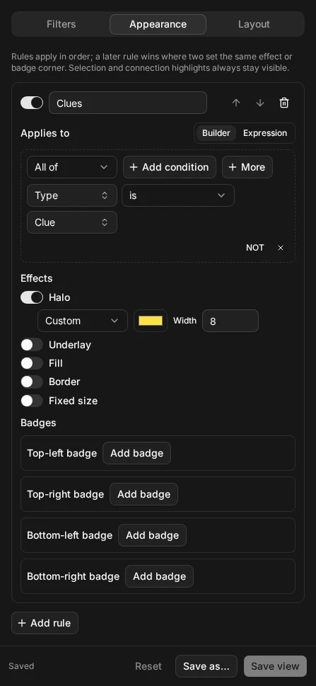 The Configure view sheet open on its Appearance tab, with the rule Clues: every node of type Clue gets a yellow halo