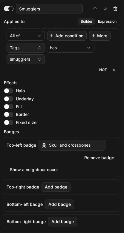 The rule editor with the rule Smugglers