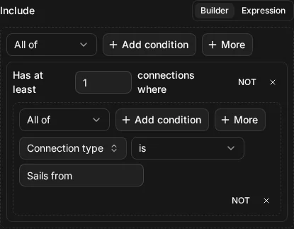 The builder view of Include connection(type = "Sails from")