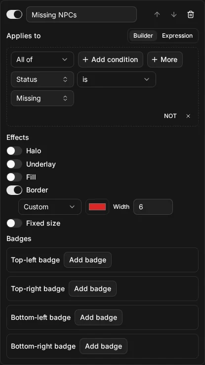 The rule editor with the rule Missing NPCs