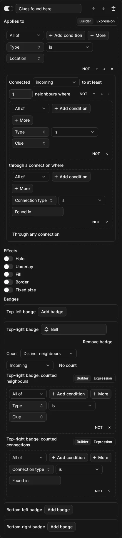 The rule editor with the rule Clues found here