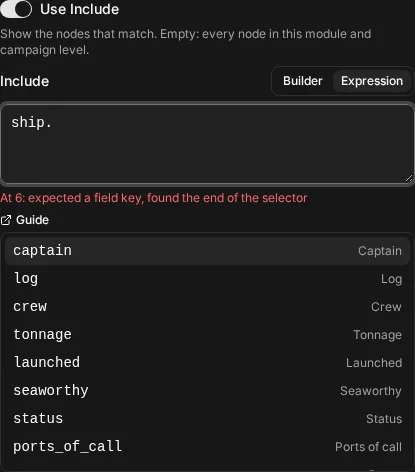The Include expression editor after typing ship. and pressing Ctrl+Space, with the suggestion list open below the text and listing the Ship type's fields